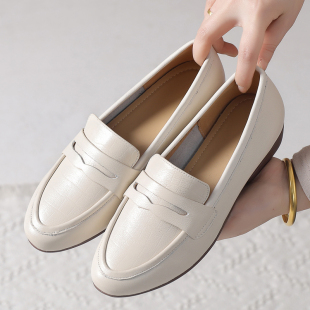真皮平跟单鞋女尖头2025春秋新款平底乐福鞋百搭一脚蹬休闲女鞋子