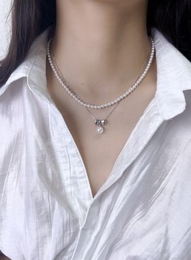 施家珍珠暖白正圆蝴蝶结单珠项链S925纯银项链叠戴时尚百搭简约