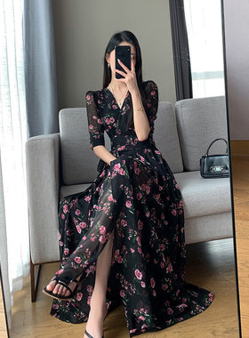 印花中长款法式新款A字裙v领显瘦黑色少妇短袖开叉淑女复古夏春秋