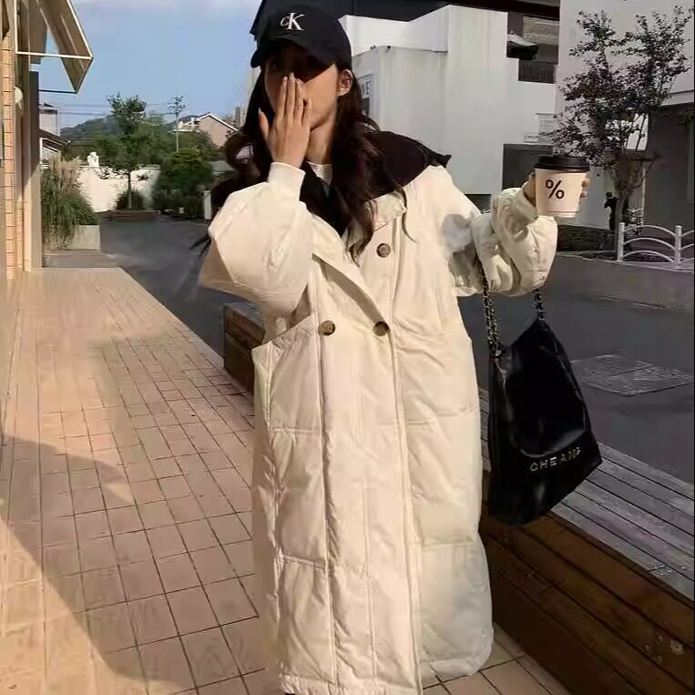 冬季新款羽绒棉服女针织重工定制装中长款过膝连帽外套轻薄款连帽