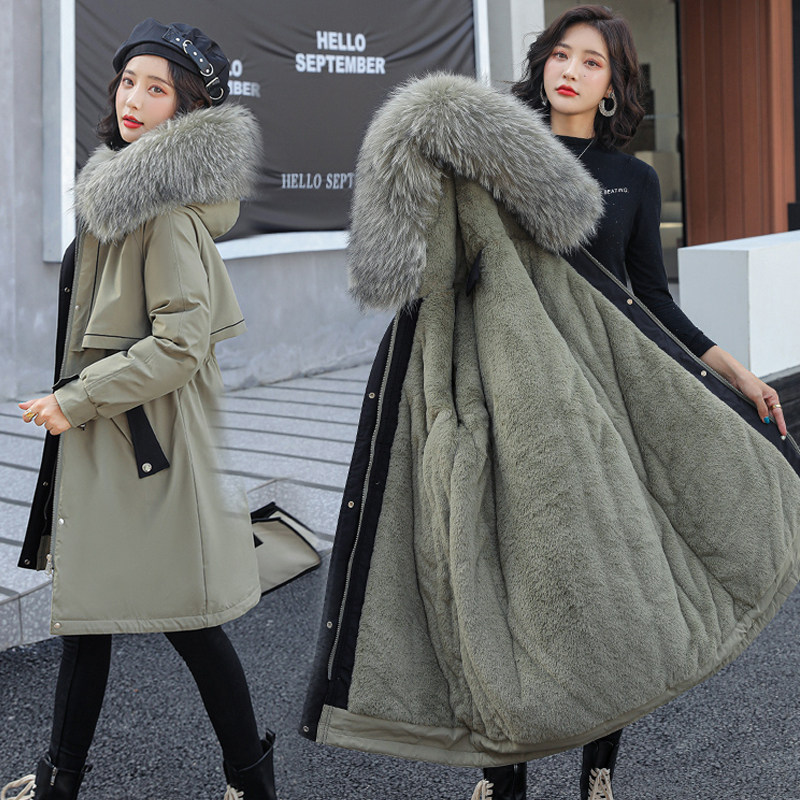 派克服女带帽毛领棉服毛绒内里抽绳显瘦180冬装外套棉袄棉衣加厚