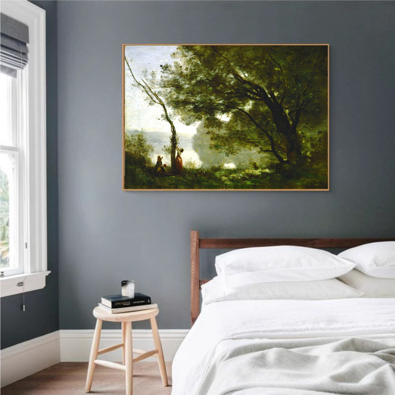 世界名画 柯罗蒙特枫丹的回忆风景油画有框画 客厅餐厅挂画喷绘