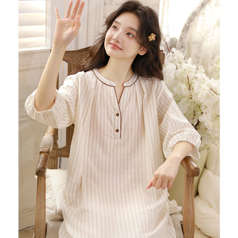 春季棉纱V领条纹可外出睡裙女
