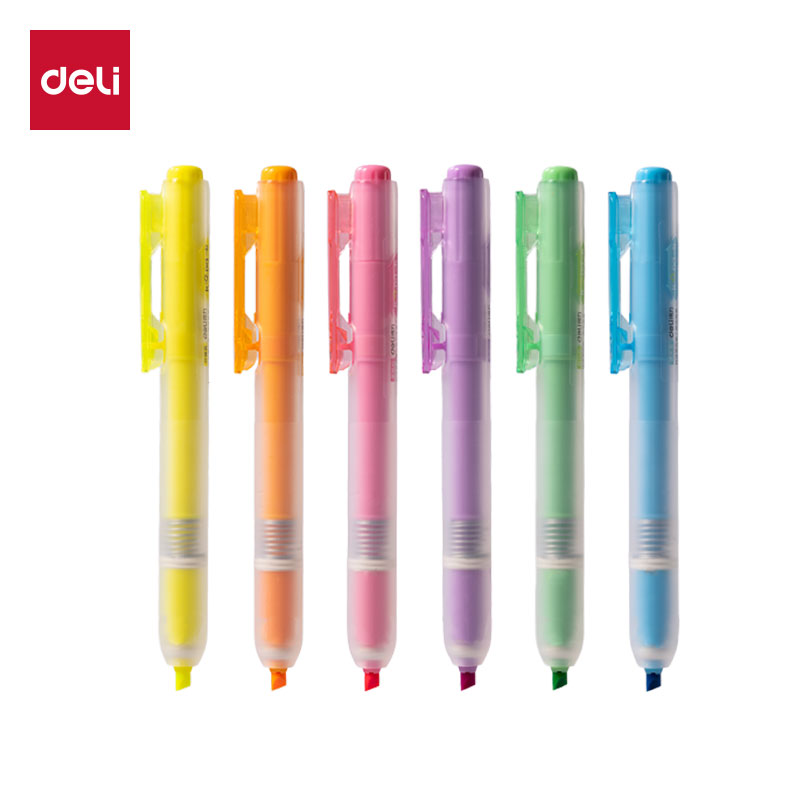 得力按动式荧光笔学生标记笔用做笔记专用划重点记号笔彩色新款
