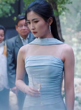 短剧风吹时想起你江篱同款2025新款蓝色抹胸礼服连衣裙长裙敬酒服
