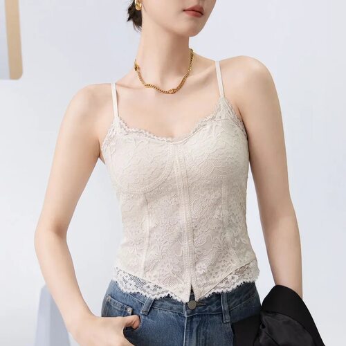 Women French Lace Cami Built-in Bra Slim Tank Top吊带背心