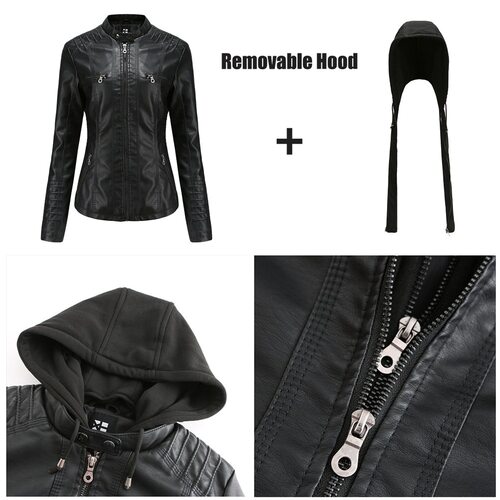 Plus Size Detachable Hood PU Leather Jacket Set
