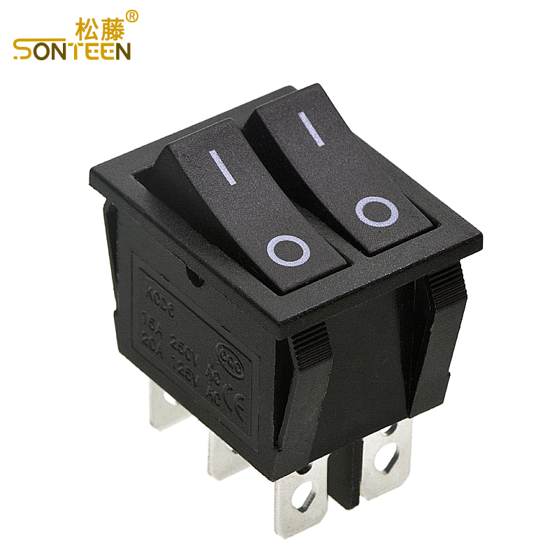 黑色双联船型开关KCD8-212N KCD2 6脚翘板电源开关 15A/250V 10个