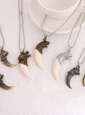 国潮复古男士霸气狼牙项链个性生肖龙头型镶嵌吊坠动物款毛衣链