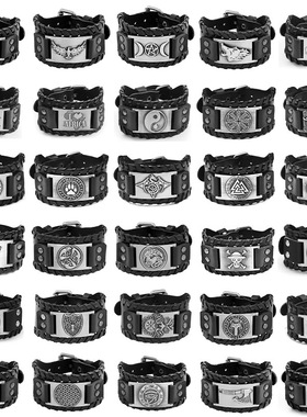 Temu热卖北欧宽皮维京皮手链凯尔特狼头男士手链跨境配皮手镯朋克