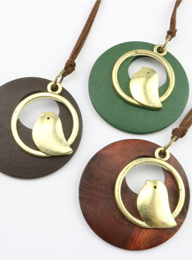 复古棉麻服装配饰民族风项链 韩版木质皮绳小鸟吊坠长项链 毛衣链