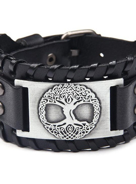 宽皮手链男士皮革饰品欧美嘻哈流行Temu热卖跨境生命树合金