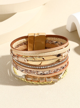 跨境手饰新款波西米亚民族风手环水晶羽毛配件多层宽边皮手镯时尚