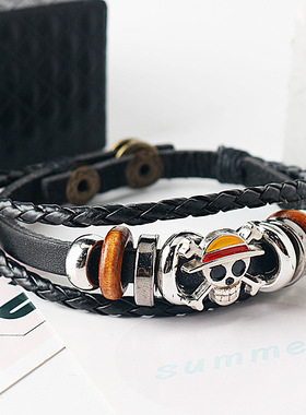 Temu热卖跨境动漫周边海贼王皮草帽路飞骷髅头多层编织皮革手链