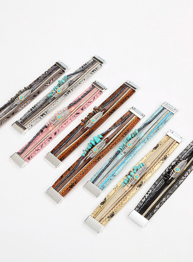 欧美复古民族风编织绿松石多层波西米亚碎石羽毛手链编织女式手环