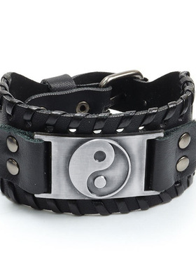 Temu热卖欧美复古八卦宽皮真皮手链 男士调节表带扣头表带扣手链