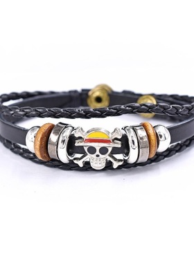 Temu热卖欧美流行动漫周边海贼王款皮革学生锌合金路飞皮手链