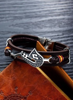 Temu热卖皮革个性萨克斯手环PU编织多层男士皮手链潮男饰品