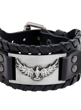 朋克老鹰图腾手环Temu热卖复古编织皮手链维京宽皮手镯