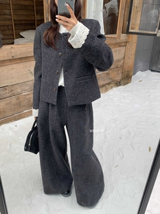 韩系高级感蕾丝袖拼接羊毛羽绒服外套+长裤两件套装（含55羊毛）