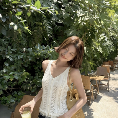 韩系慵懒风穿搭小众蕾丝边无袖吊带背心小衫1655