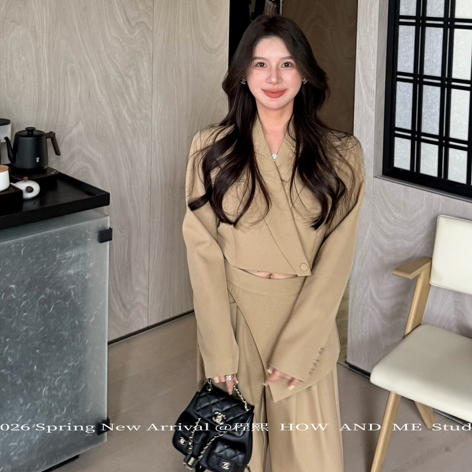 爆款最后几件短款外套+不规则绑带高腰阔腿西裤套装26-0011