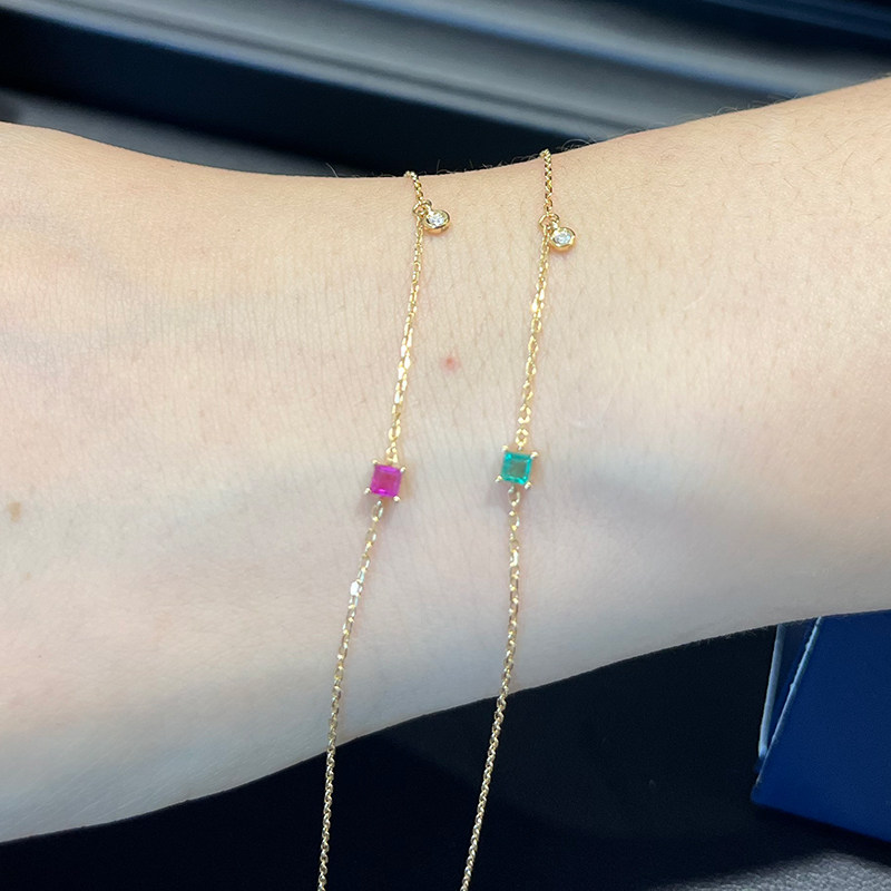 日本代购Marisol天然祖母绿宝石手链女轻奢小众单颗钻石镶嵌18K金