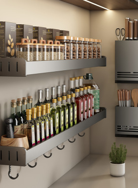 枪灰厨房置物架壁挂式免打孔家用刀架调味品砧板菜板收纳调料架子