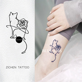 ZICHEN 手绘玫瑰猫贴简约线条果汁半永久脚踝刺青防水纹身纸女
