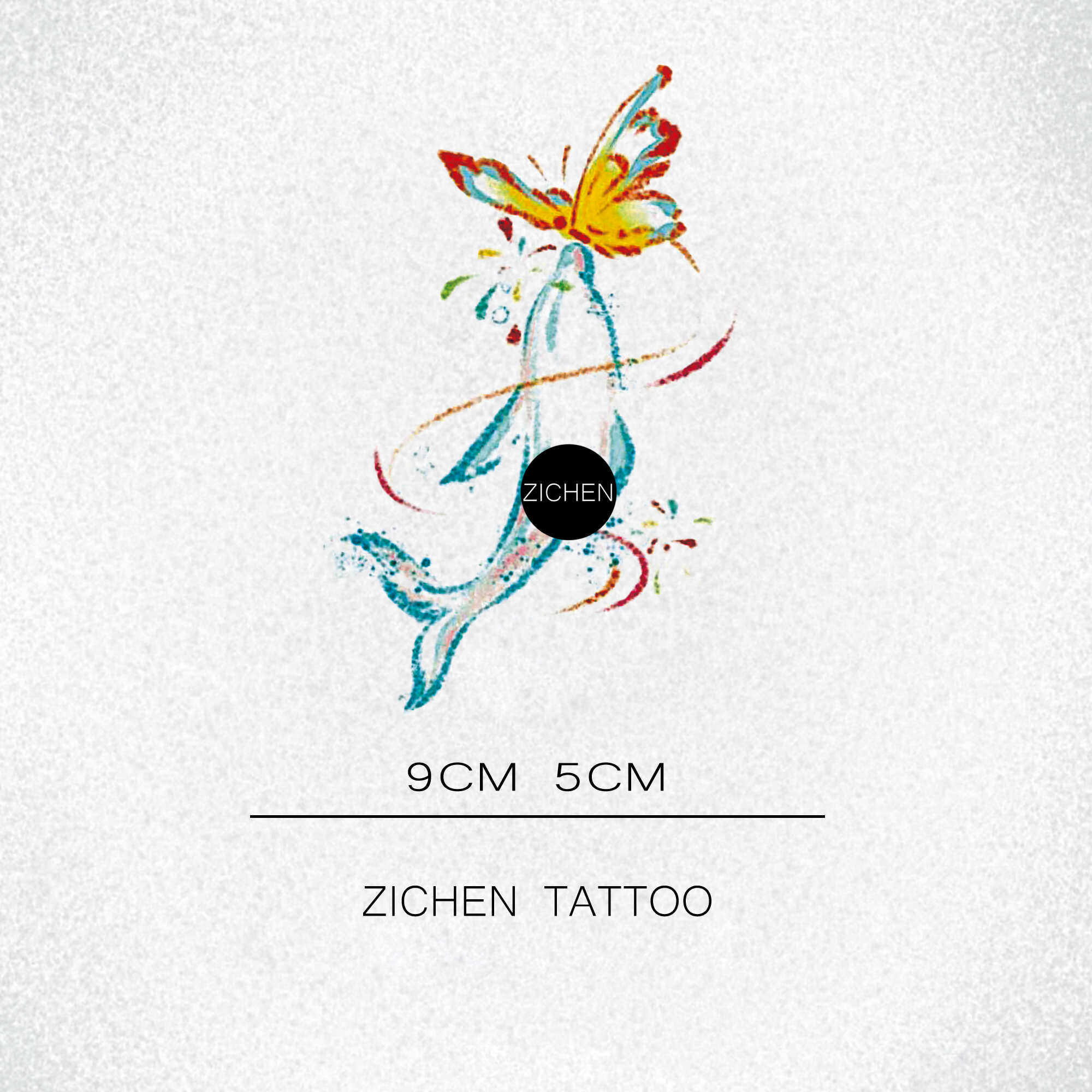 ZICHEN 鲸鱼蝴蝶意识流烟雾纹身贴手臂彩色防水女彩绘蜡笔风软妹