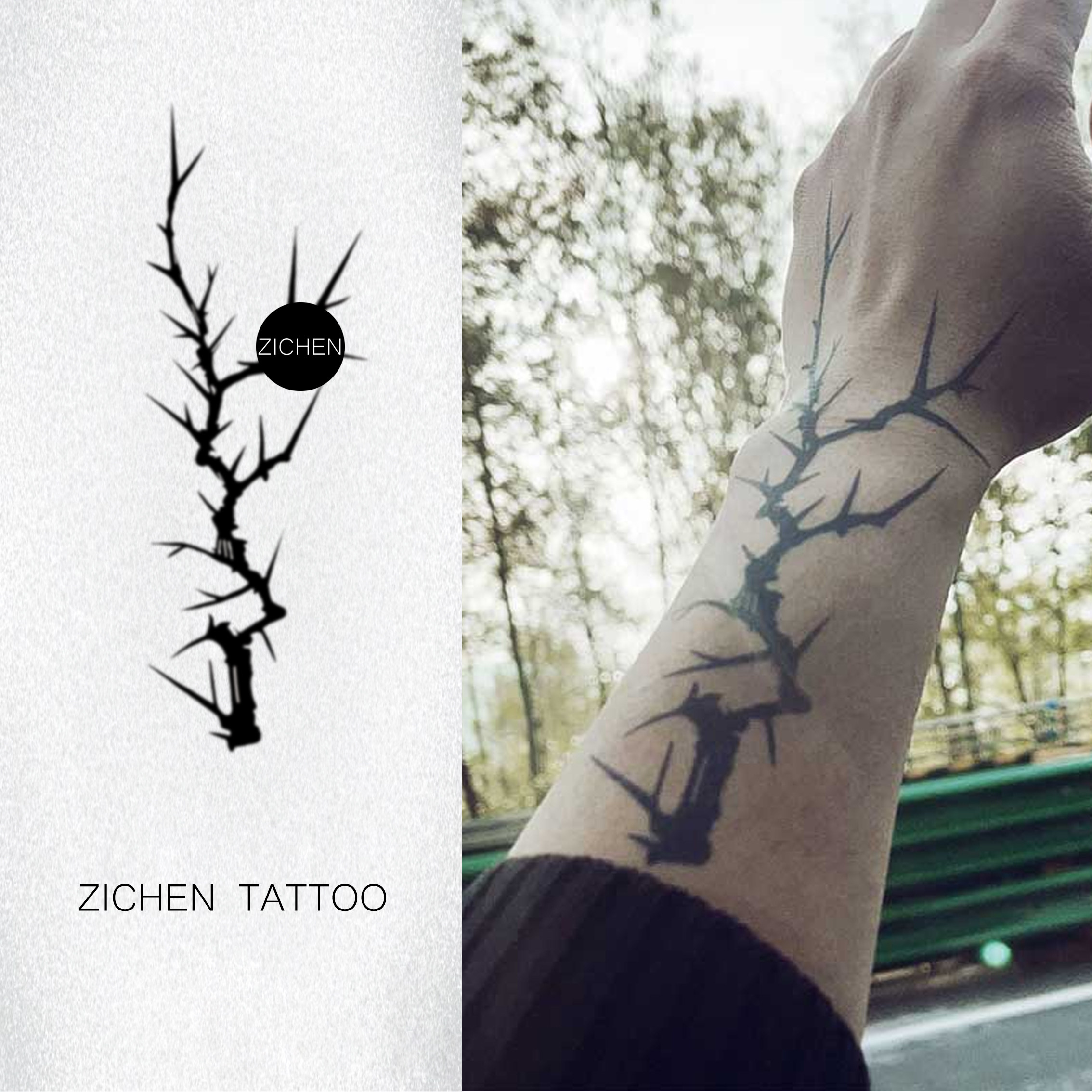 zichen 手臂暗黑风ins风荆棘花臂刺半永久草本纹身贴持久防水男女