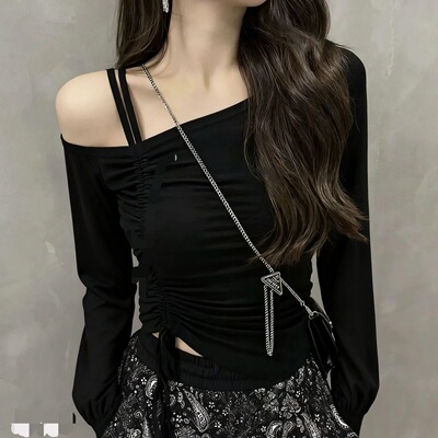 黑色长袖T恤女修身显瘦短款上衣