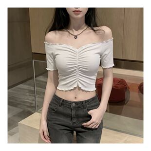 性感辣妹风一字肩褶皱T恤女短袖露肩修身显瘦超短款露肚脐上衣潮