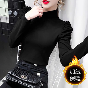 t恤女法式 长袖 上衣秋冬设计感小众 泡泡袖 黑色高领内搭加绒打底衫