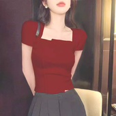 t恤女夏季 新款 修身 方领短袖 显瘦设计小众领美式 复古鱼骨别致上衣