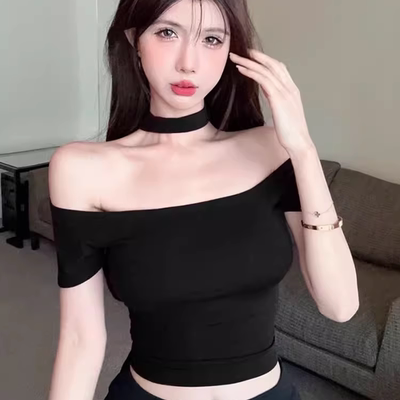 一字肩挂脖设计感短袖两面穿T恤女夏装辣妹小众露肩修身短款上衣