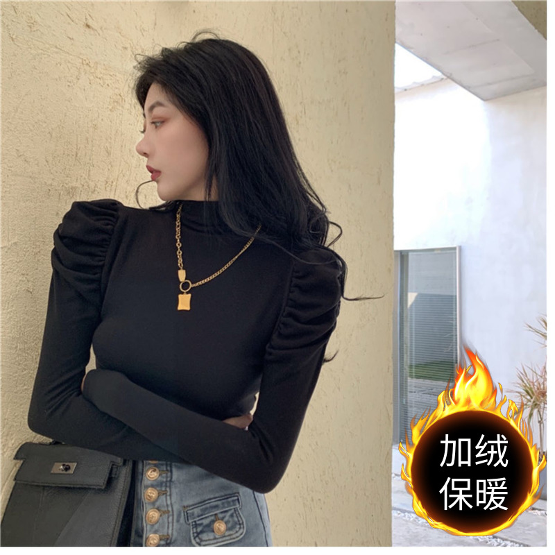 泡泡袖长袖t恤半高领上衣韩版