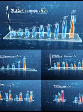 3D蓝色科技企业数据分析增长柱状图信息统计图表 AE模板
