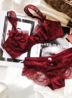 欧美超薄半透明性感蕾丝内衣甜美大码酒红75D80D85D文胸大胸变小