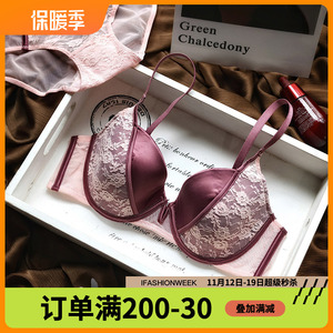 欧美性感蕾丝缎面拼接撞色薄杯软钢圈内衣大胸显小双排扣文胸套装
