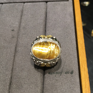钛晶戒指男 钛晶猫眼顺发戒指 钛晶金发晶复古925银招财戒指活口