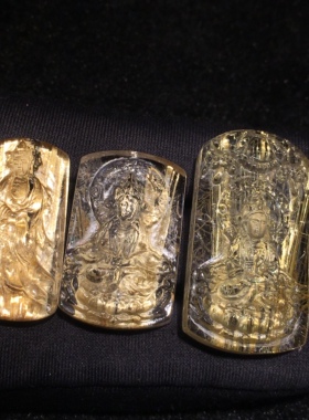 天然钛晶金发晶吊坠手工精雕观音普贤菩萨无事牌男士项链吊坠