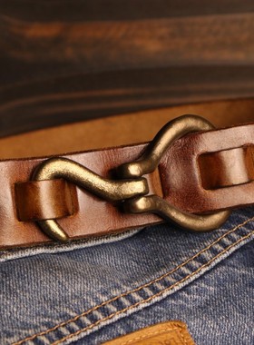 做旧黄铜水兵腰带快脱植鞣牛皮真皮复古皮带牛仔男潮搭大码胖加长