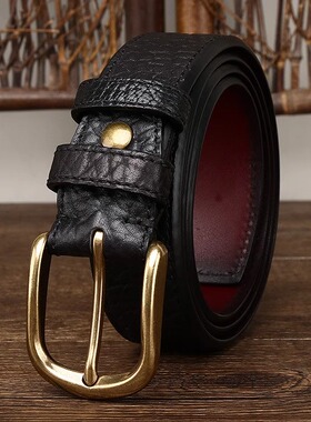 3.8宽正装厚进口非洲野牛皮缩纹皮带男真皮高端商务通勤腰带铜扣
