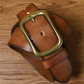 爱皮艺3.8手工皮带男士 黄铜日字扣牛皮复古裤 带阿美咔叽牛仔腰带