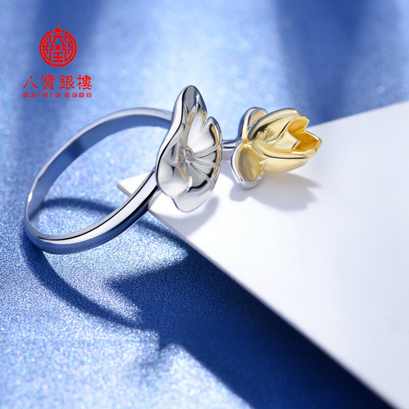 纯正S925纯银金色彩银荷花戒指活口开口民族风女式指环素银饰刻字
