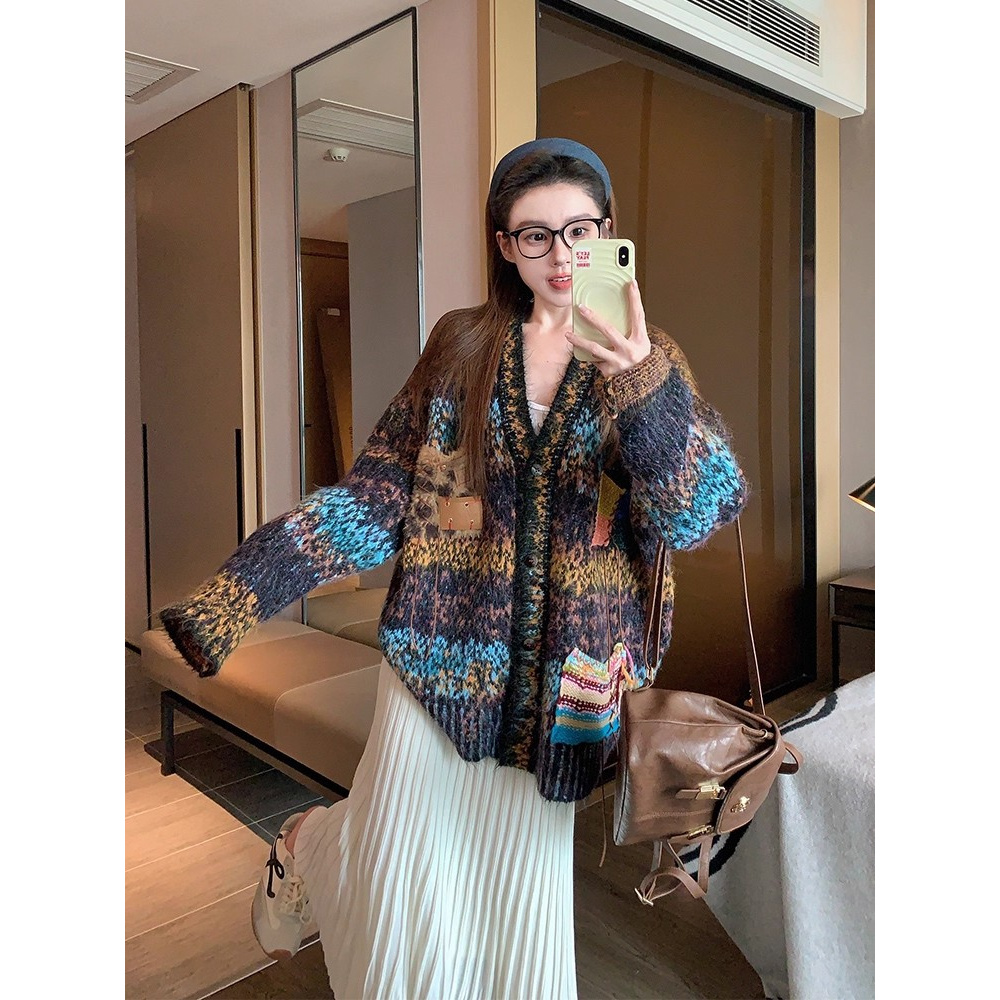 园园美衣v领毛衣外套女2026新款冬季加厚宽松慵懒风针织开衫上衣