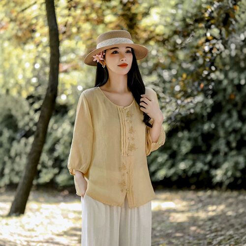 园园美衣古苎麻衬衫女夏季2026新款中式圆领新品上衣斜襟绣花茶服