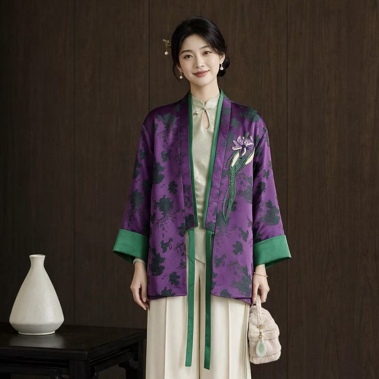 园园美衣风女装人丝提花长袖钉珠亮片轻奢开衫复古老钱风外套上衣