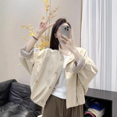 园园美衣欧货英伦风立领夹克外套女25新款宽松休闲内里条纹短款风